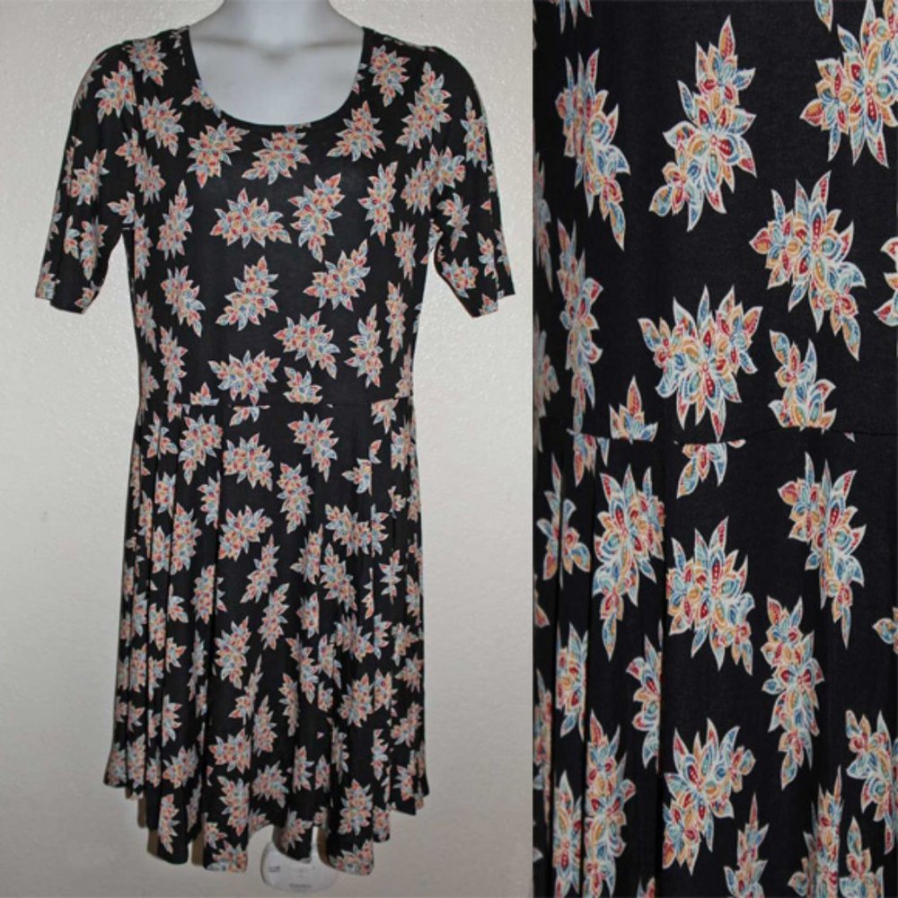 LulaRoe Nicole Black Floral Knit Fit & Flare Dress
